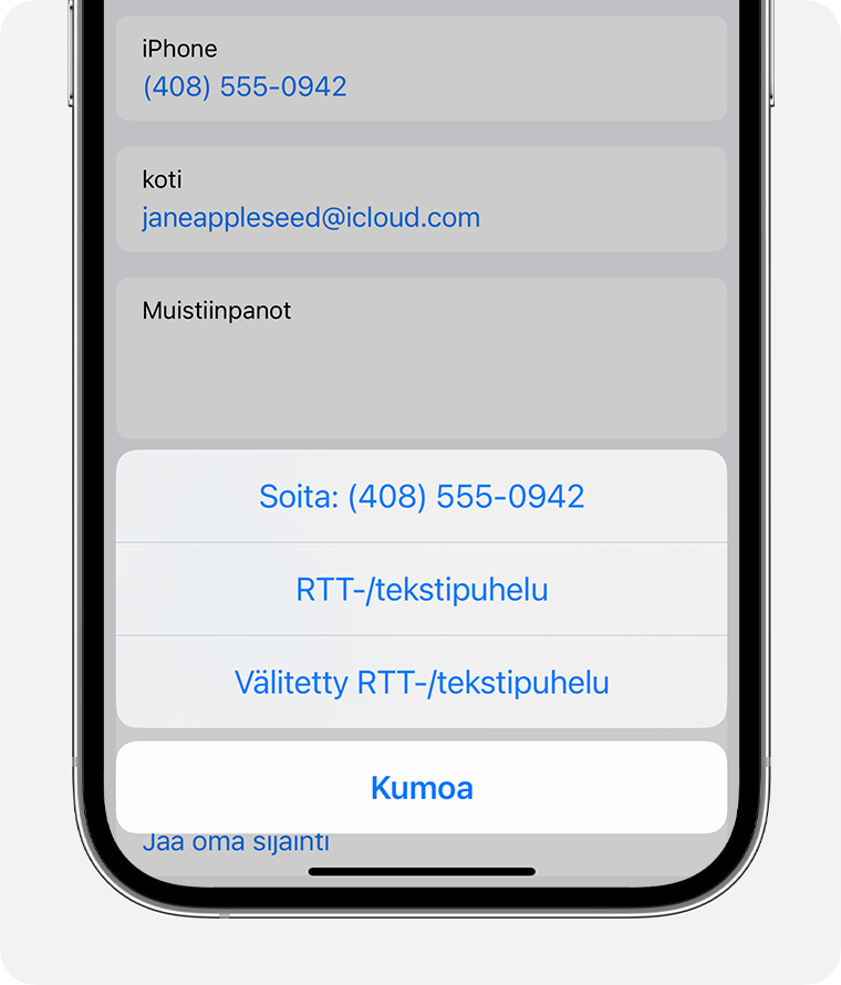 iPhonen näytössä näkyy valikko, josta voi valita RTT-/tekstipuhelun tai välitetyn RTT-/tekstipuhelun