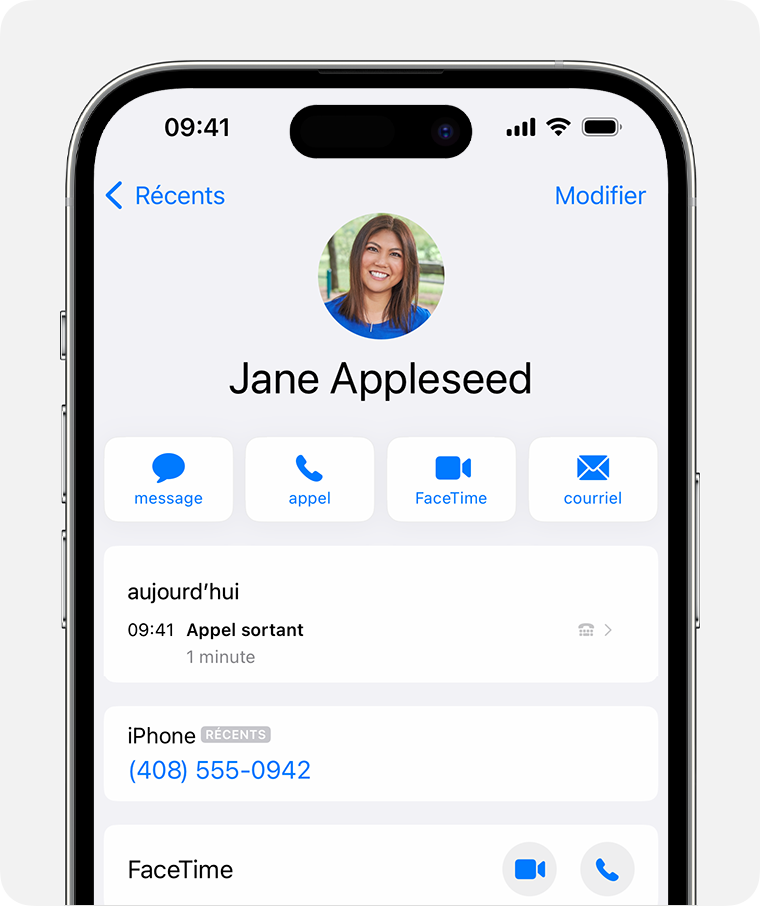 Écran d’iPhone qui affiche l’historique des appels d’un contact