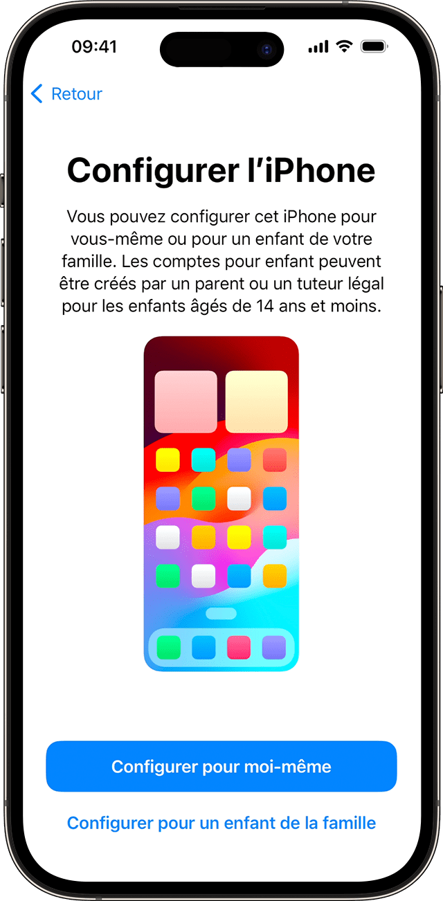 Lors du processus de configuration de l’iPhone sous iOS 17, vous pouvez choisir si le nouveau téléphone est pour vous ou pour un enfant de votre famille.