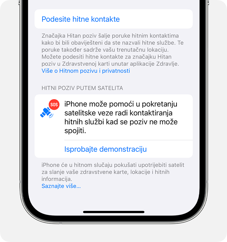 U postavkama iPhone uređaja isprobajte demonstraciju za Hitan poziv preko satelita da biste uvježbali povezivanje sa satelitom.