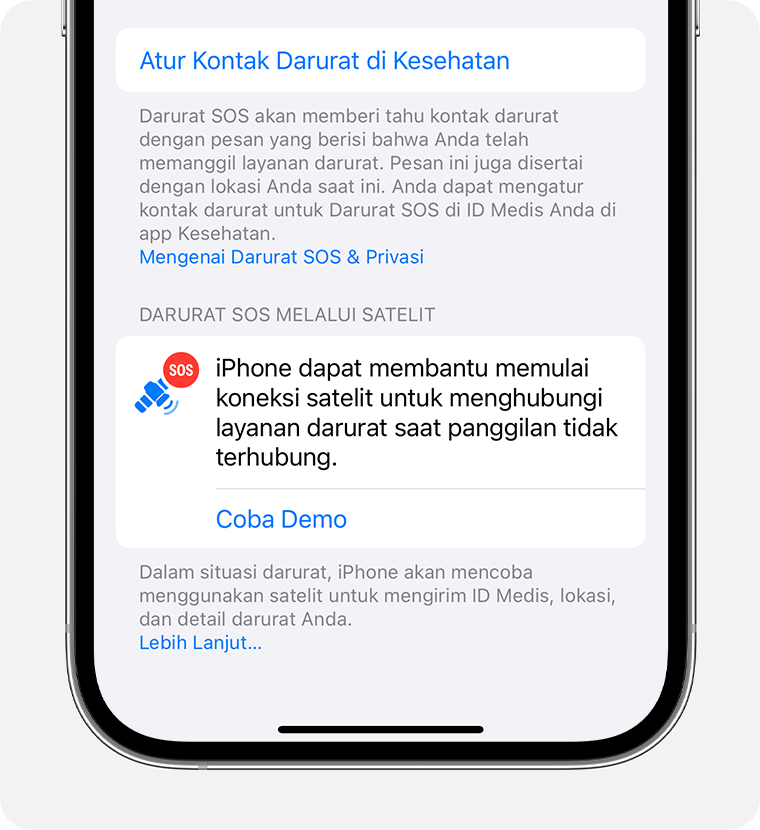 Di Pengaturan iPhone, coba demo Darurat SOS melalui satelit untuk berlatih menghubungkan ke satelit.