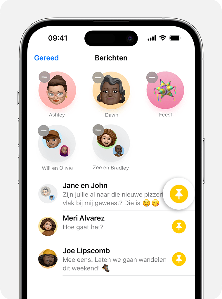 Gebruik in Berichten het speldsymbool om te kiezen welke gesprekken je bovenaan je gesprekspagina wilt bewaren.