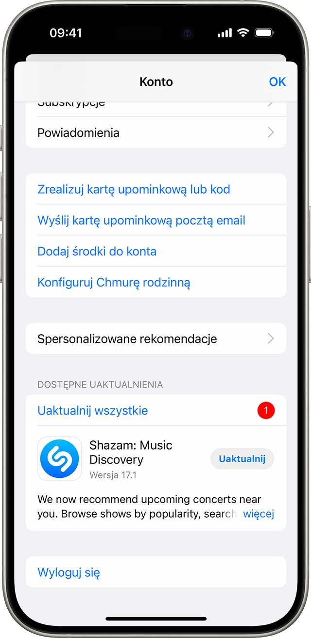 iPhone z przyciskiem Uaktualnij wszystkie