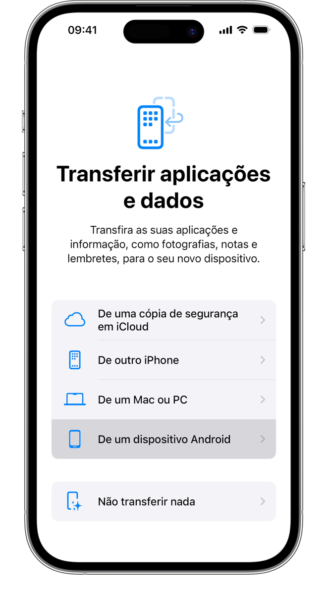 Durante o processo de transferência, pode escolher as apps e as informações que pretende transferir.