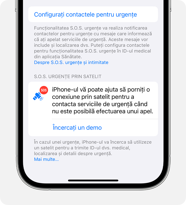 În Configurări iPhone, încearcă demonstrația S.O.S. urgențe prin satelit pentru a exersa conectarea la un satelit.