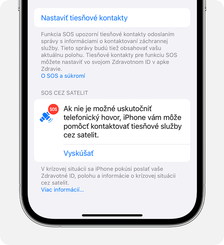 V Nastaveniach iPhonu vyskúšajte demo funkcie SOS cez satelit, aby ste si precvičili pripojenie k satelitu.