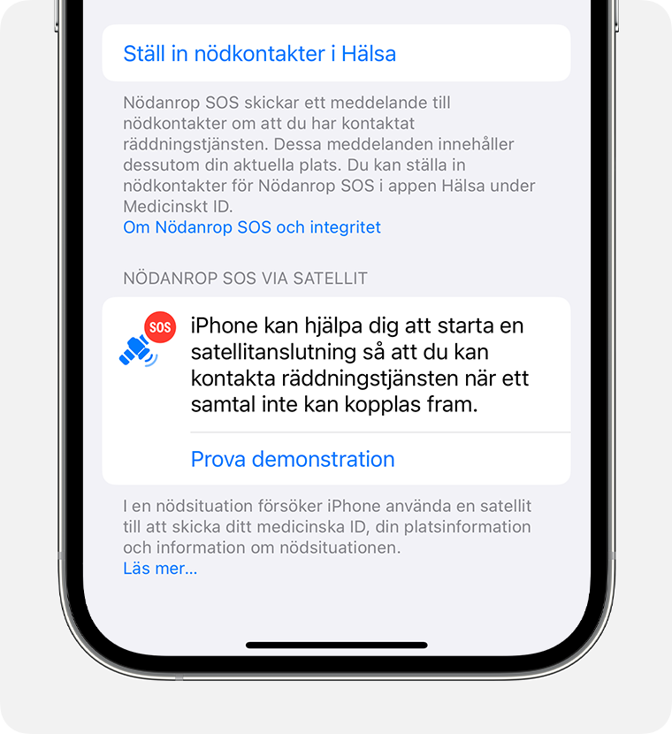 I iPhone-inställningarna, prova Nödanrop SOS via satellit-demo för att öva på att ansluta till en satellit.