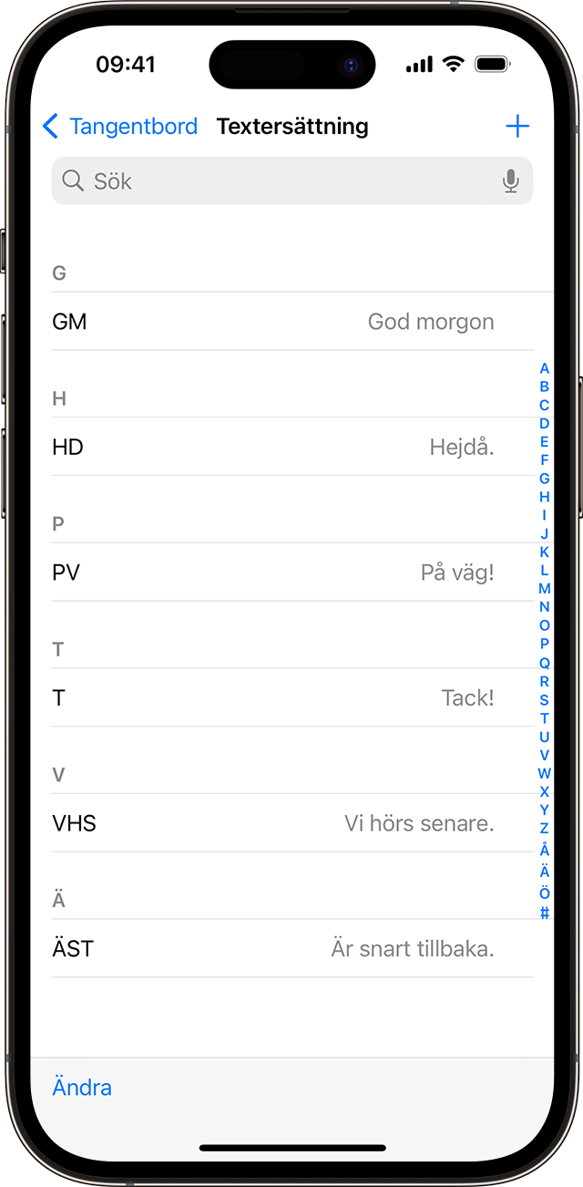 En lista med inställda kortkommandon som används på din iPhone.