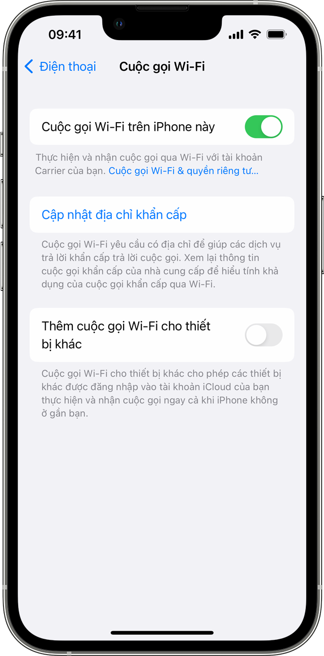 Một chiếc iPhone đang hiển thị màn hình Cuộc gọi Wi-Fi, tính năng Cuộc gọi Wi-Fi trên điện thoại này đã bật.