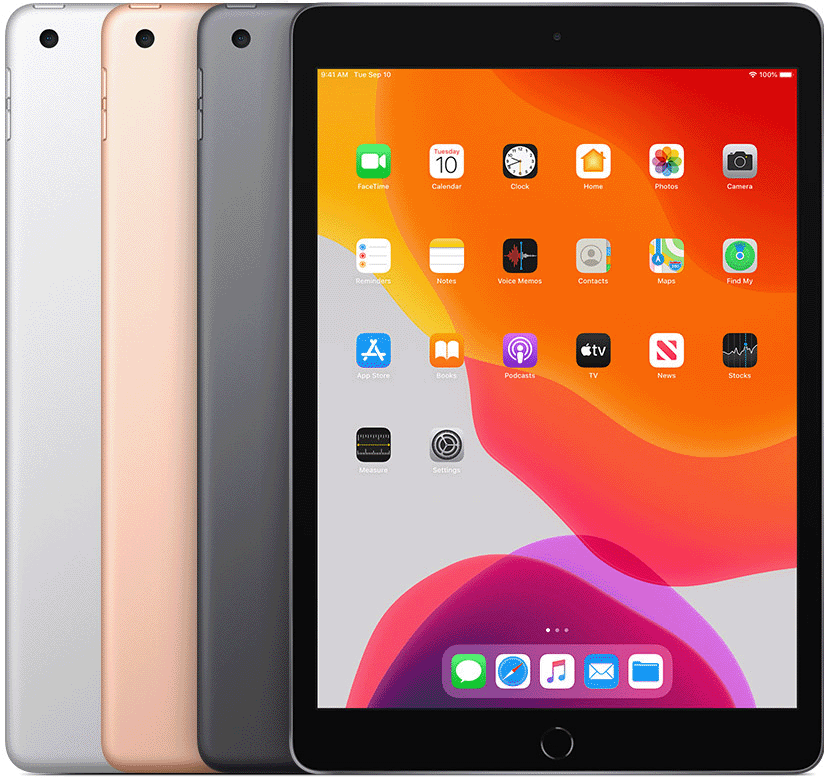 يحتوي iPad (الجيل السابع) على زر الشاشة الرئيسية وفتحة كاميرا خلفية مستديرة