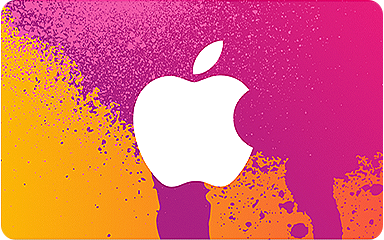 Forsiden af et iTunes Store-gavekort. Det er pink, gult og orange med et hvidt Apple-logo.