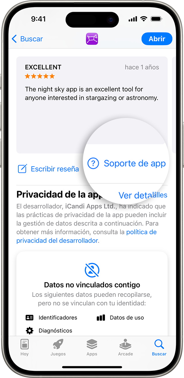 En el App Store del iPhone, puedes encontrar el botón Soporte de apps debajo de las reseñas.