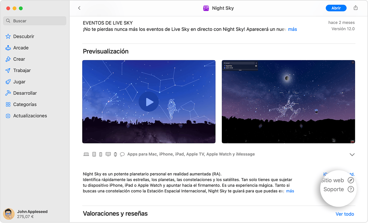 En el App Store del Mac, puedes encontrar el botón Soporte o Soporte de apps cerca de las valoraciones y reseñas.