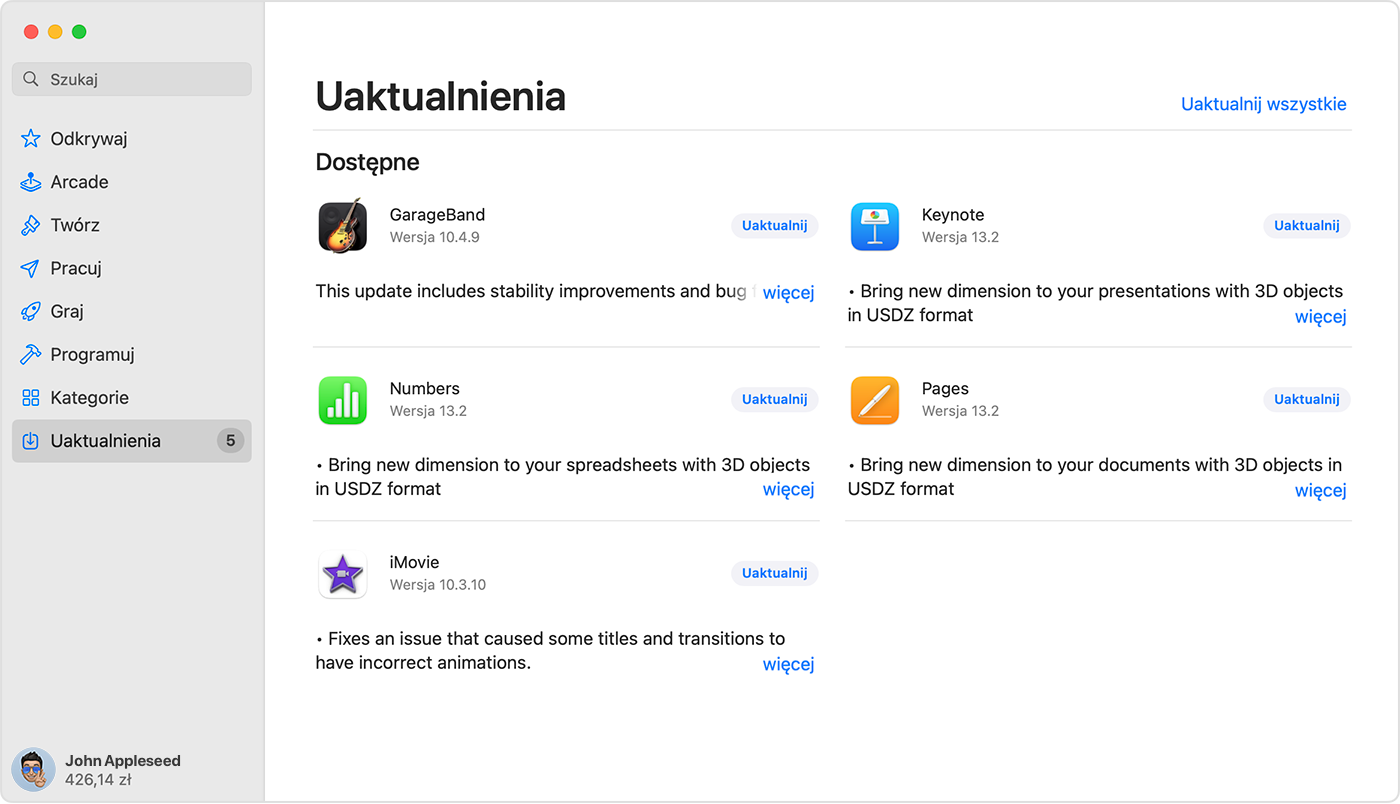 Mac z wyświetloną stroną Uaktualnienia w App Store