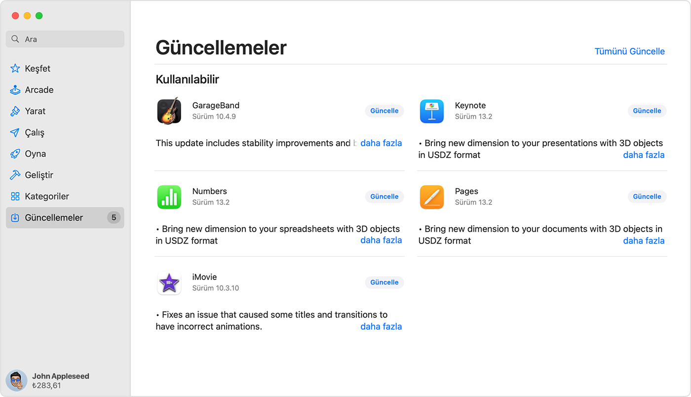 App Store'da Güncellemeler sayfasını gösteren Mac.