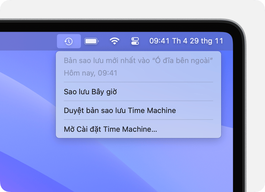 Menu Time Machine hiển thị chi tiết về bản sao lưu mới nhất