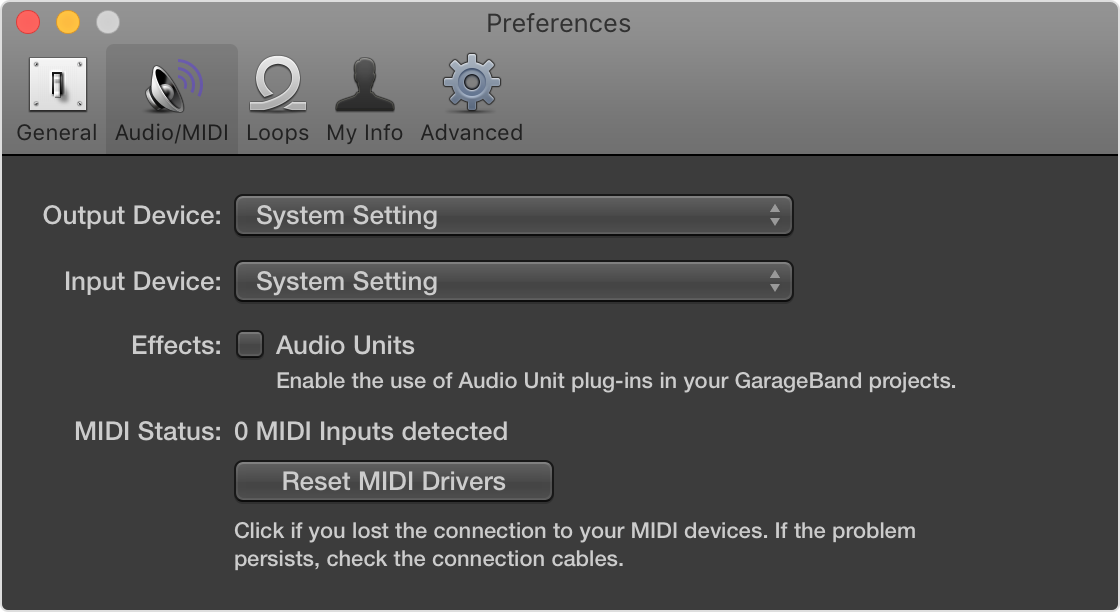 EL Capitan GarageBand の「環境設定」で Audio Units が無効になっているところ