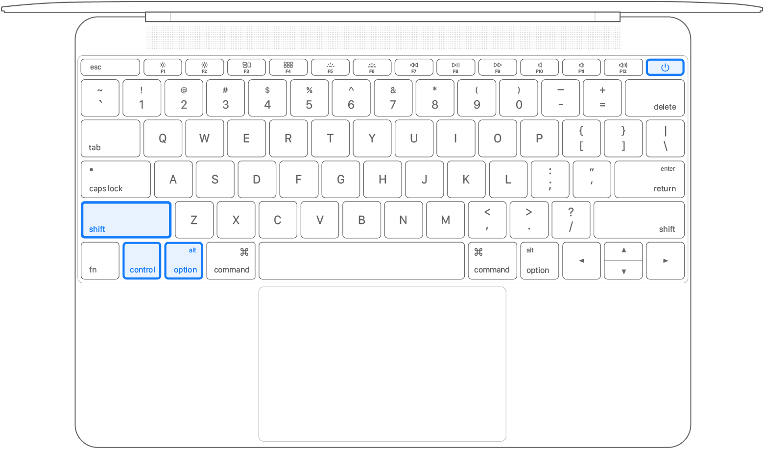 Bovenaanzicht van een laptoptoetsenbord, waarbij de vier toetsen zijn gemarkeerd