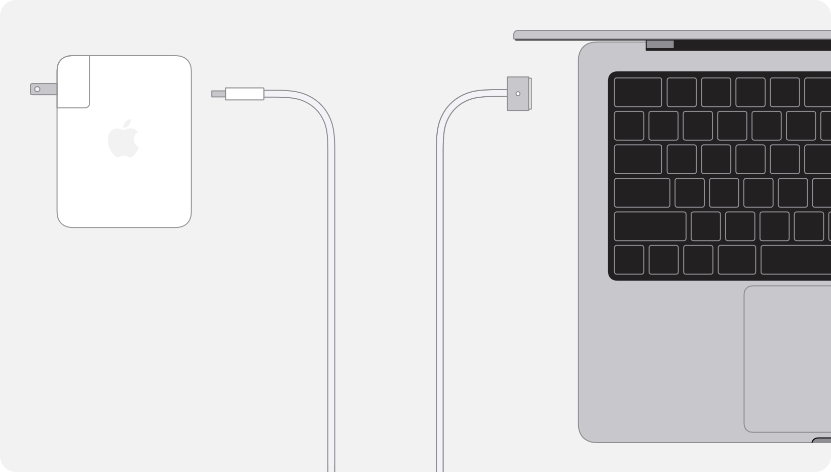 Diagram przedstawiający zasilacz podłączony do przewodu z USB-C na MagSafe 3 podłączonego do laptopa Mac