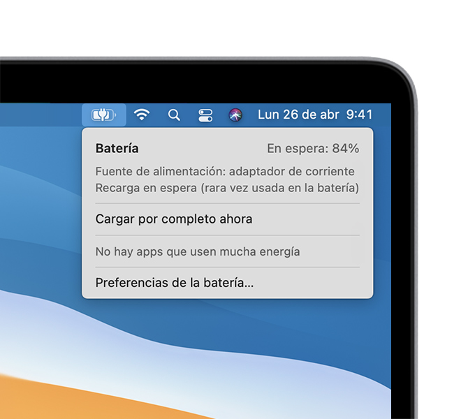 Menú de estado de la batería en macOS con el mensaje Recarga en espera (rara vez usada en la batería)