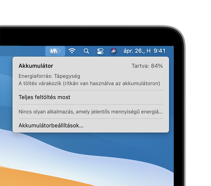 Az akkumulátor állapotát jelző menü a macOS-ben, ahol A töltés várakozik (ritkán van használva az akkumulátoron) üzenet látható