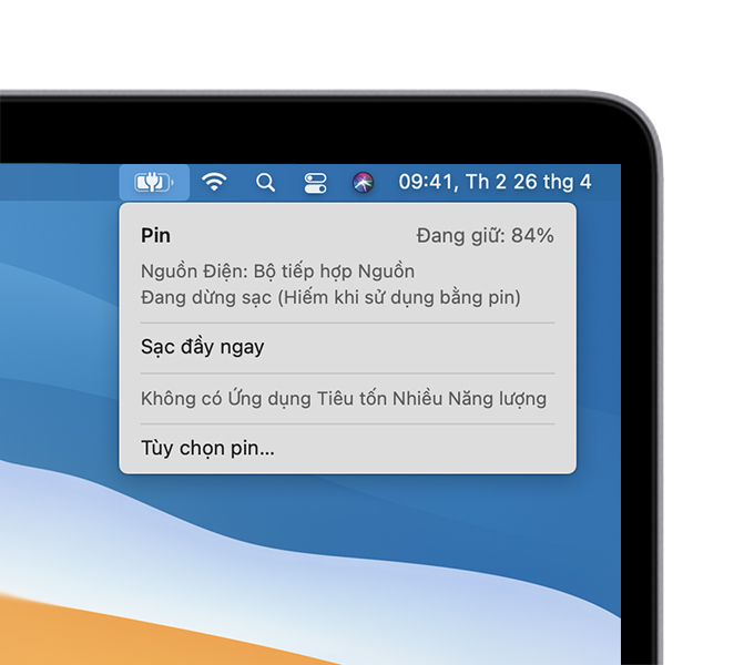 Menu trạng thái pin trong macOS hiển thị thông báo Đang dừng sạc (Hiếm khi sử dụng với pin)
