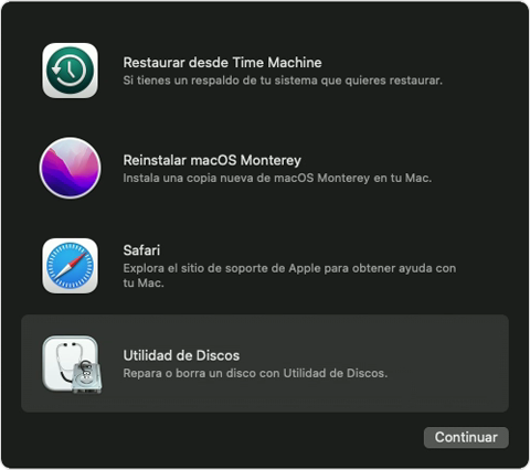 Ventana de utilidades de Recuperación de macOS con la opción Utilidad de Discos seleccionada