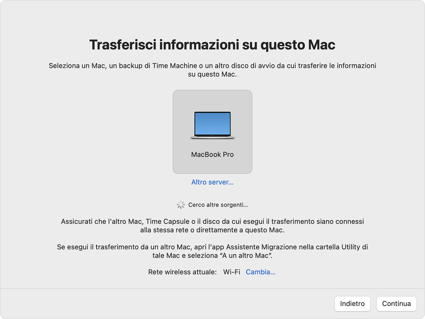 Assistente Migrazione su macOS Monterey; origine trasferimento