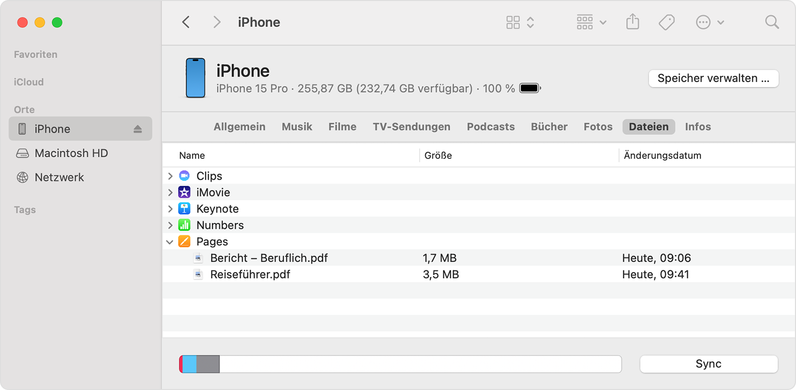 Finder-Fenster, in dem iPhone in der Seitenleiste ausgewählt ist und das den Dateien-Tab auf dem iPhone anzeigt.