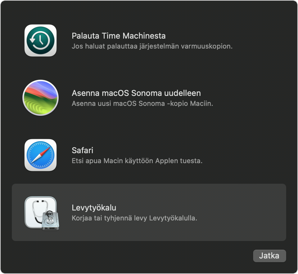 Lisäapit-ikkuna macOS-palautuksessa