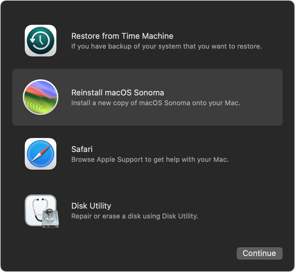 Fenêtre des utilitaires de la fonctionnalité de récupération de macOS