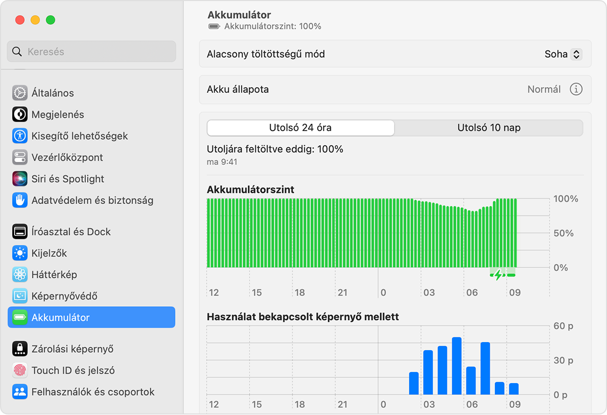 Akkumulátorbeállítások a macOS Ventura rendszerben