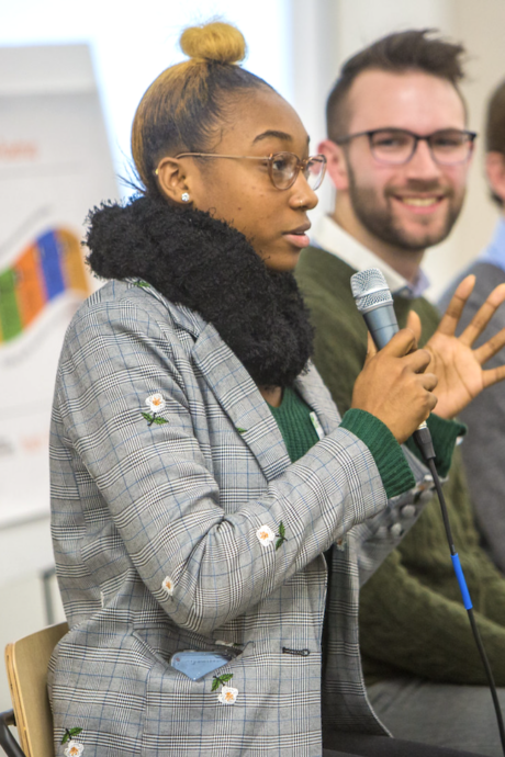 Cities and schools woman talking on mic