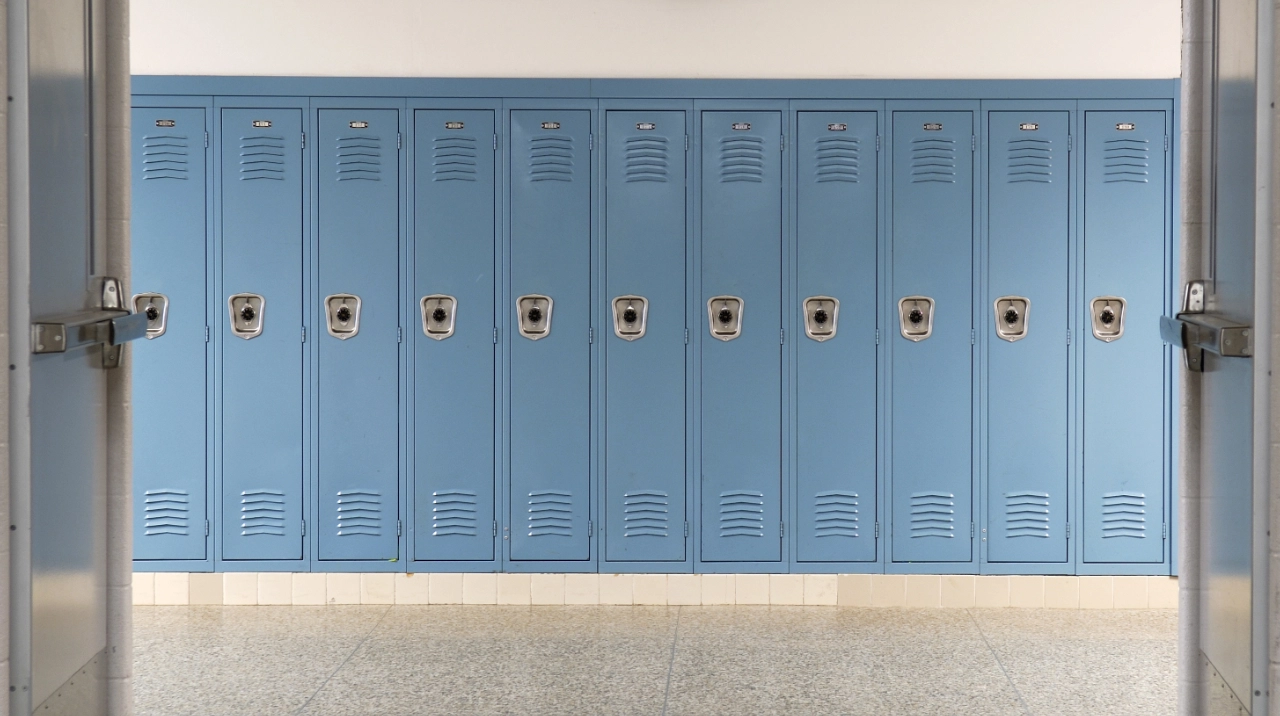 Row of lockers in a school hallway