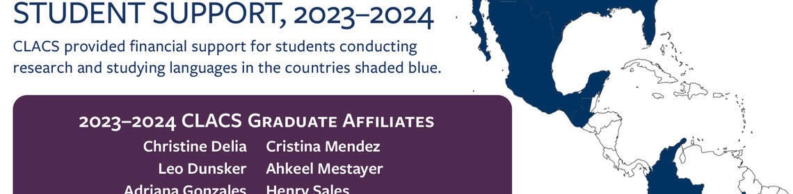A list of students supported by CLACS in 2023-24, with a map showing where they were working in the Americas.