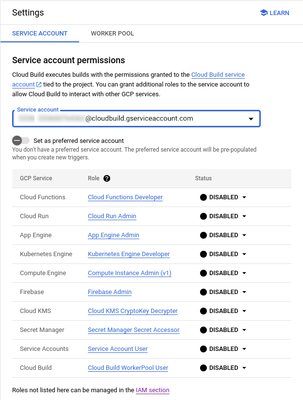 Capture d&#39;écran de la page des autorisations de compte de service