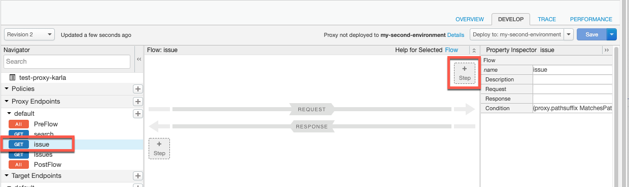 Di menu Navigator, contoh masalah bernama flow bersyarat ditandai, dan
    tombol Step ditampilkan di panel Flow.