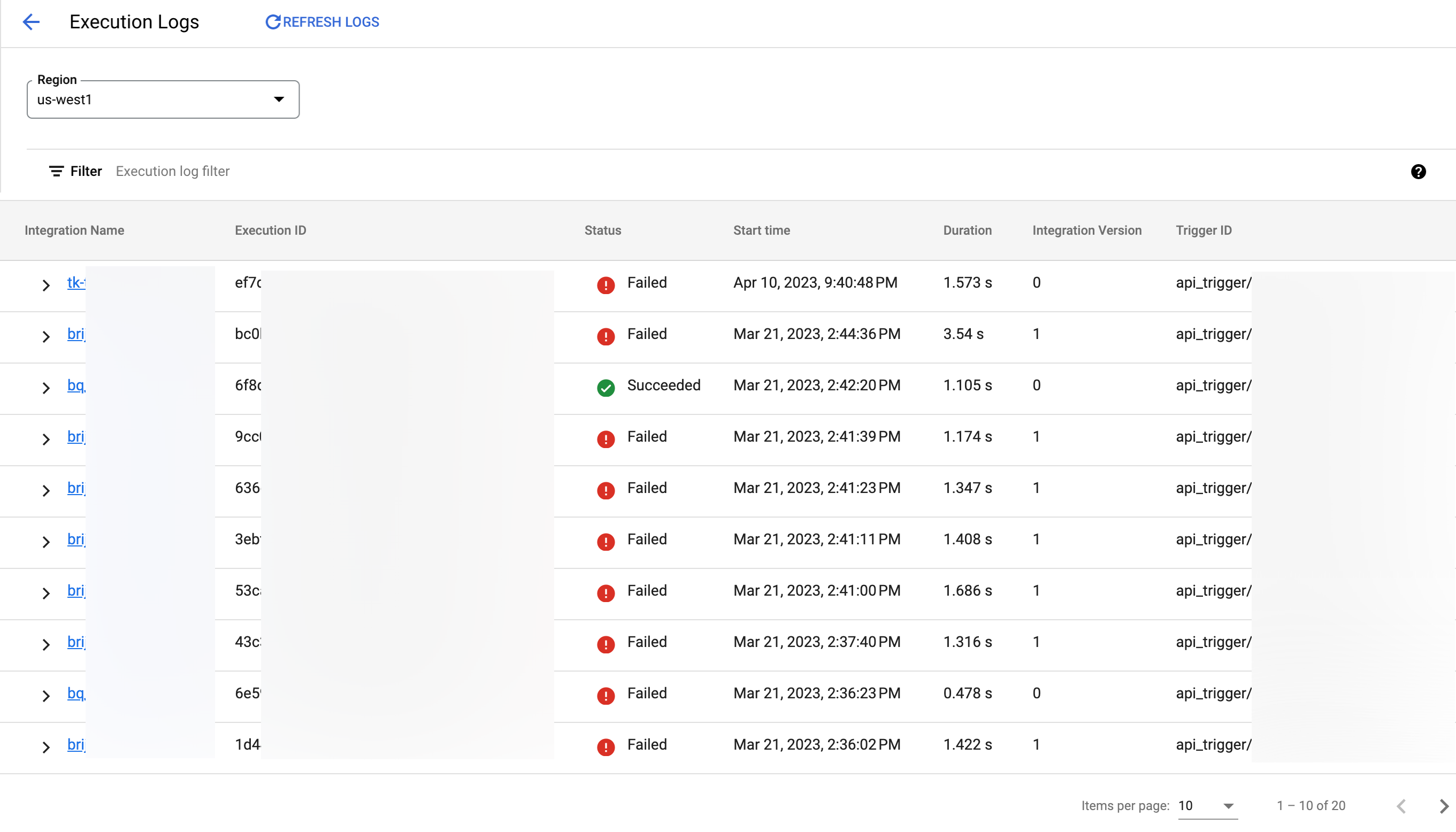 Imagen que muestra la página Registros de ejecución de Apigee Integration