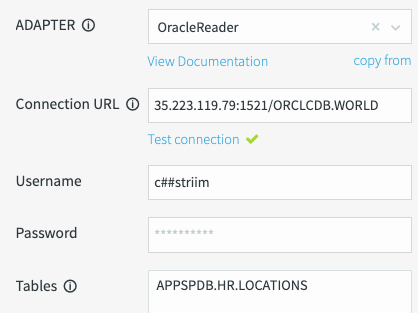 Oracle リーダー アダプタの必須フィールド。