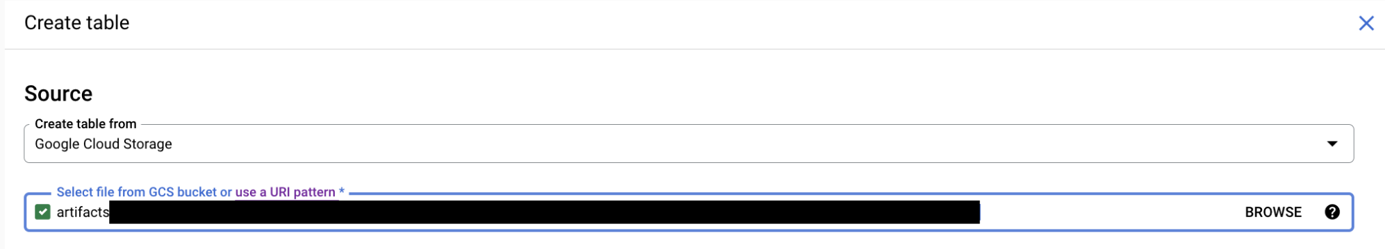 Wählen Sie eine Quelldatei aus, um eine BigQuery-Tabelle zu erstellen