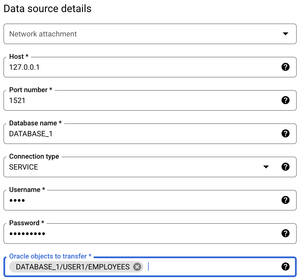 Establece la configuración de transferencia de Oracle