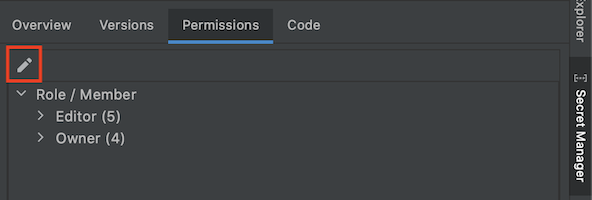 Scheda Autorizzazioni selezionata all'interno di Secret Manager e l'icona Modifica autorizzazioni evidenziata