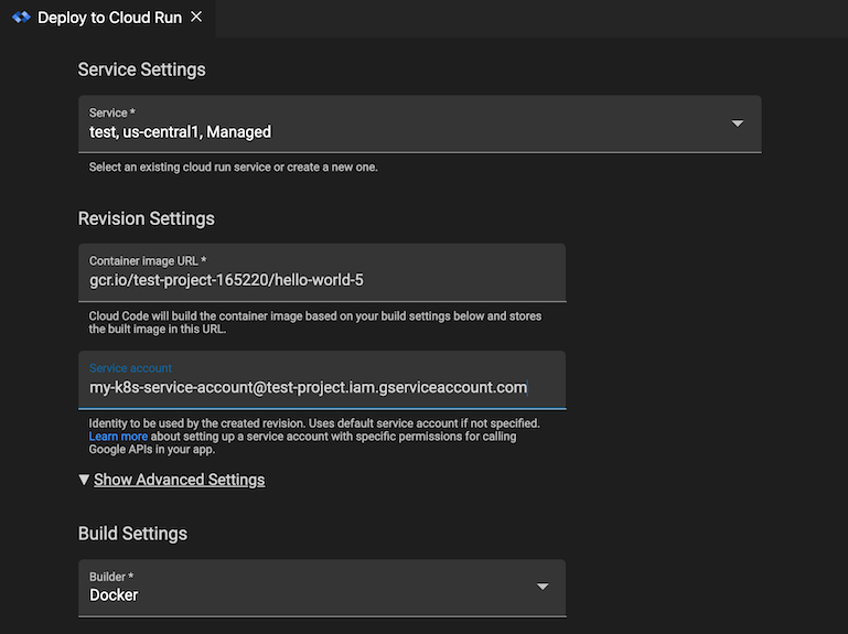 Sezione delle impostazioni di revisione avanzate espansa in Cloud Run: campo Account di deployment e di servizio compilato con il nome dell'account di servizio Kubernetes nel formato service-account-name@project-name.iam.gserviceaccount.com