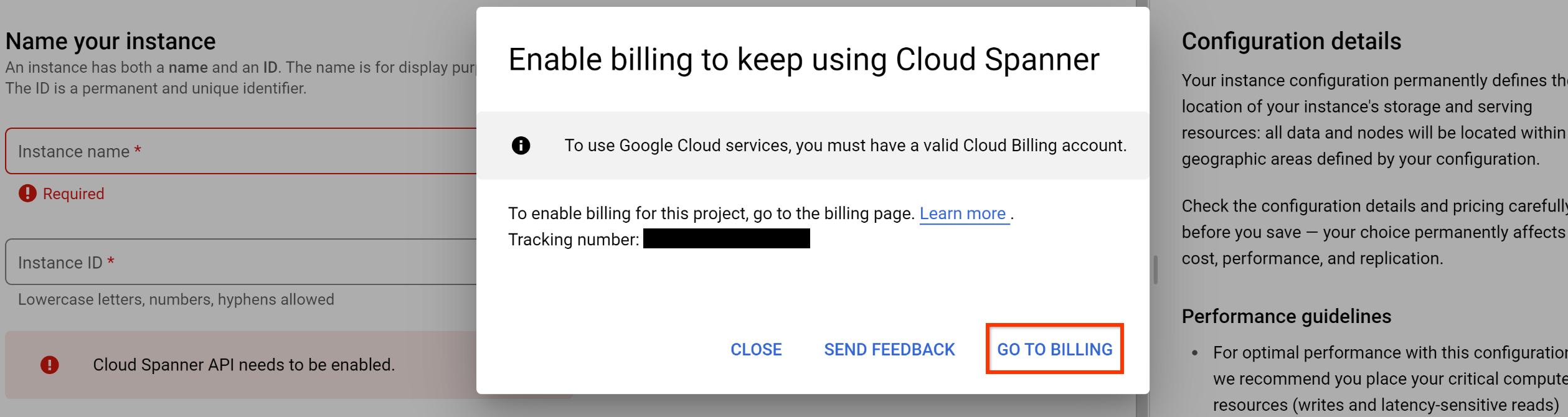 Capture d&#39;écran de la boîte de dialogue &quot;Enable billing to continue using Spanner&quot; (Activer la facturation pour continuer à utiliser Spanner), avec le bouton &quot;Accéder à la facturation&quot; mis en évidence