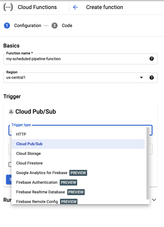 crea la configurazione della funzione scegli pubsub come immagine del tipo di trigger