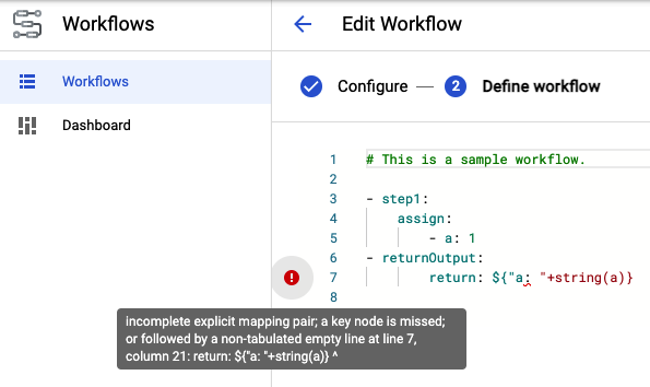 Workflow creation warning