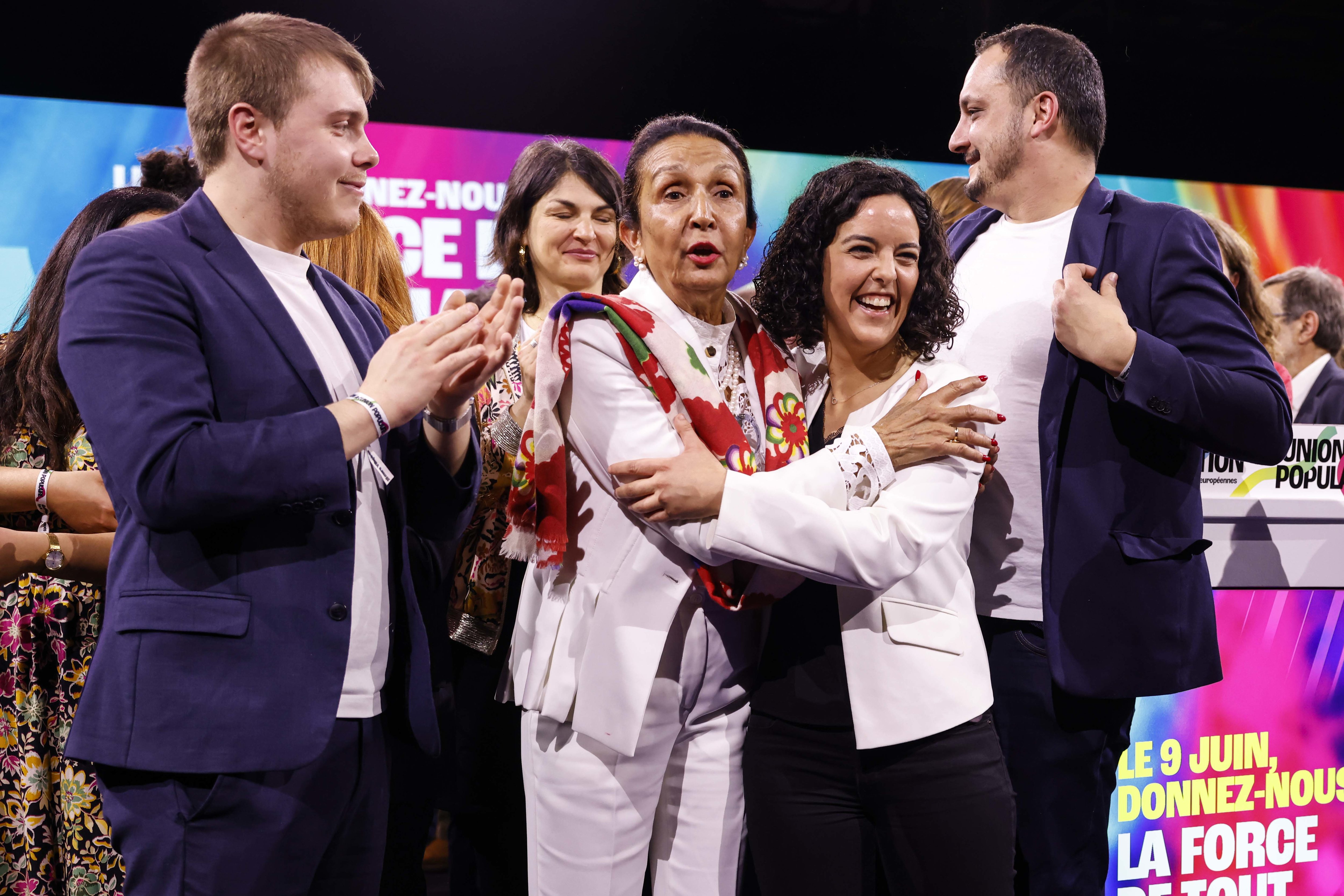 Huguette Bello avec Manon Aubry, lors de la Convention pour l'Union Populaire au parc des expositions de Villepinte (Seine-Saint-Denis) lors de la campagne des élections européennes, le 16 mars 2024. LP/Olivier CORSAN.