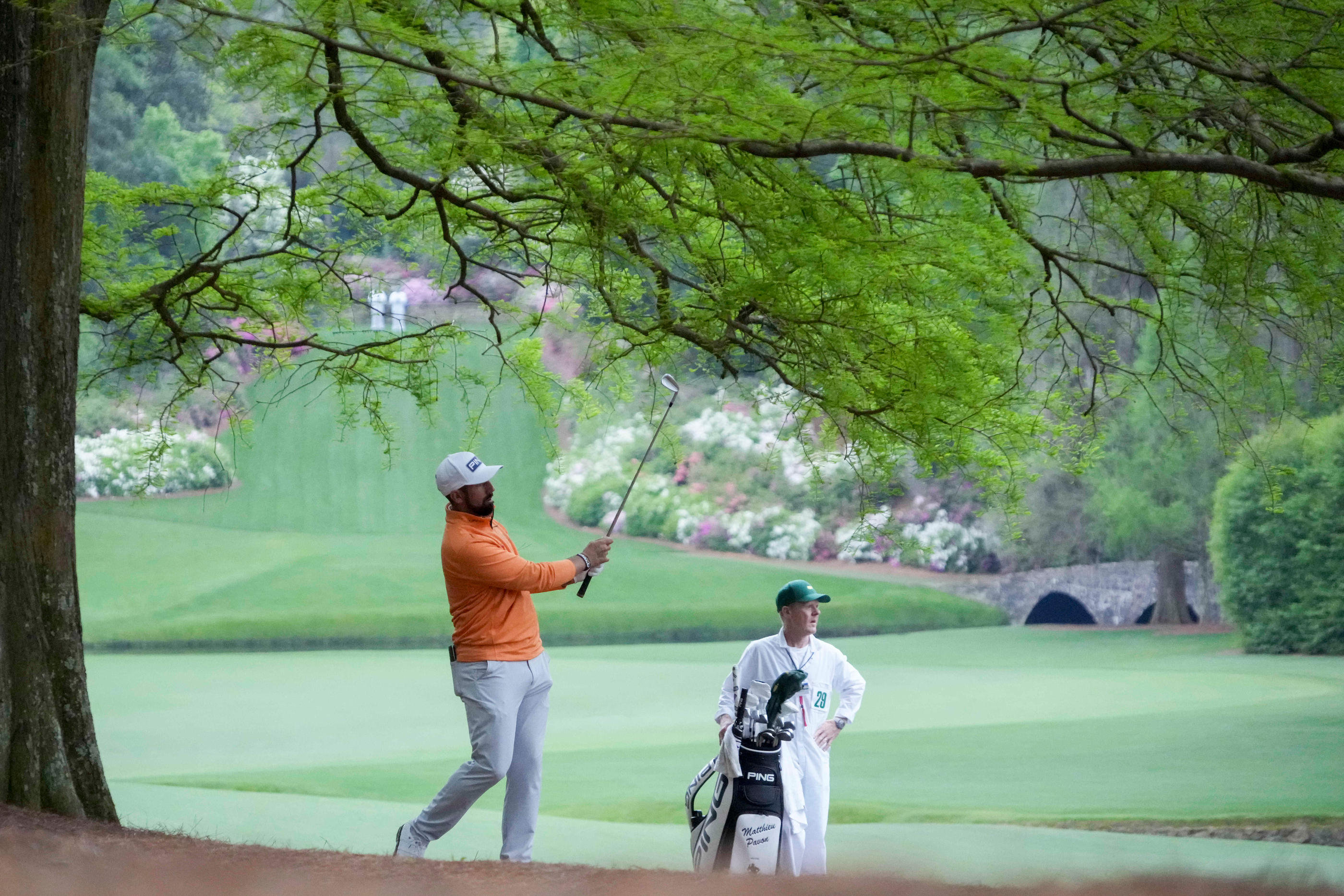 Matthieu Pavon, ce mercredi, en partie d'entraînement sur le mythique parcours d'Augusta en Géorgie. C'est la première fois qu'il jouera en compétition officielle ici. SUSA/Icon Sport