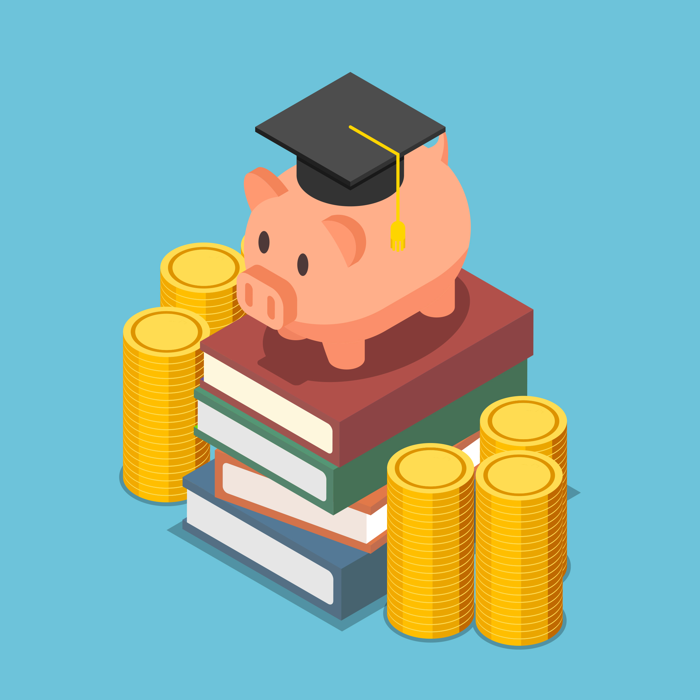 Flat 3d isometric piggy bank with graduation cap on the stack of book. Investment in education concept.