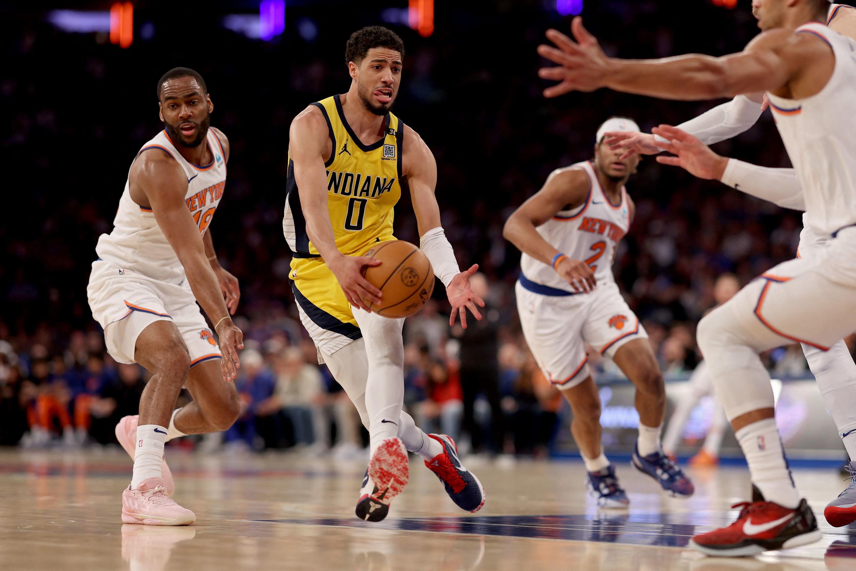 Tyrese Haliburton et les Pacers ont créé la surprise en s'imposant à New York, et se qualifiant pour les finales de la conférence est. Elsa/Getty Images/AFP